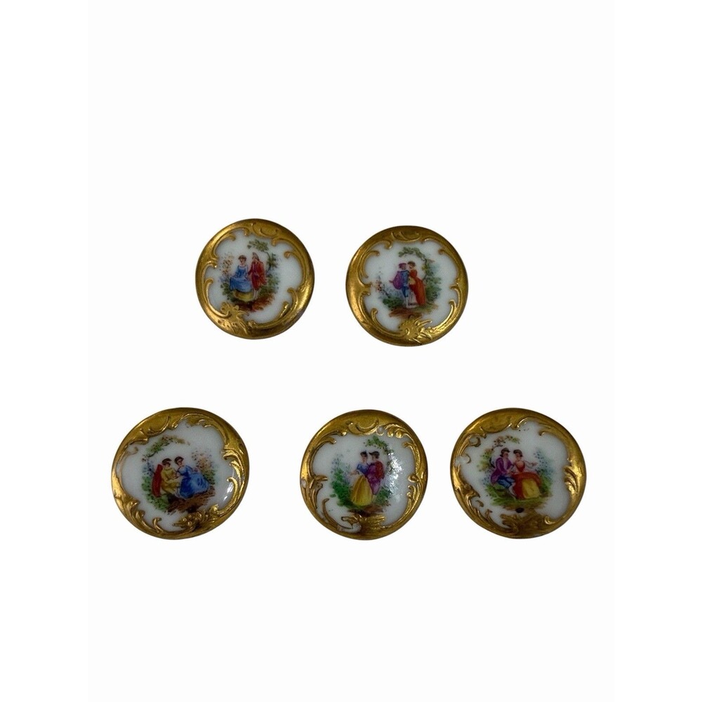 Set of 5 Round Limoges Style Porcelain Buttons Scenic Design White Gold